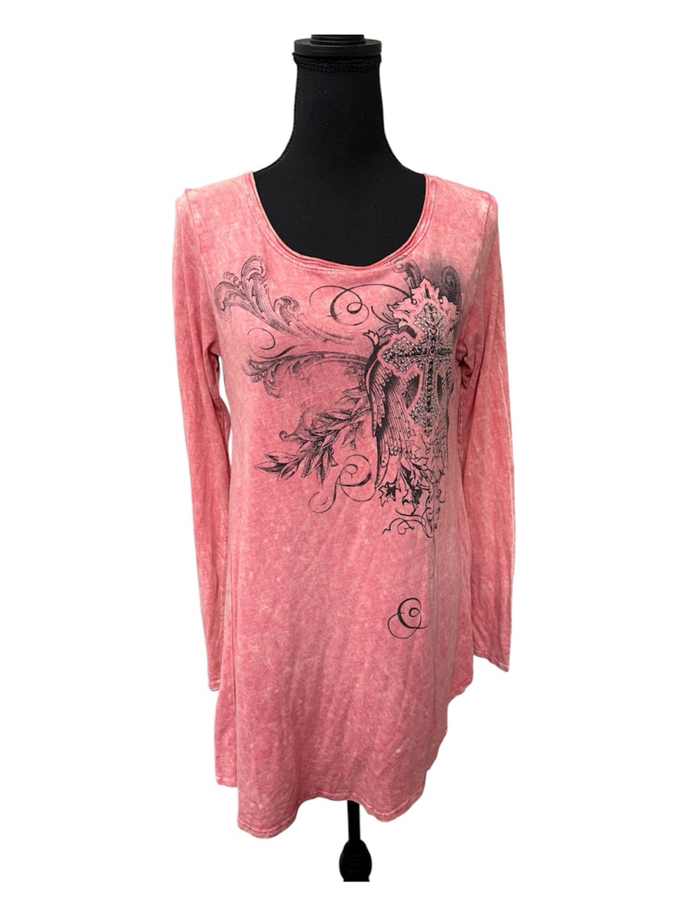 T Party Coral Cross Graphic Rhinestone Tunic Top M Boho Western Boutique Chic